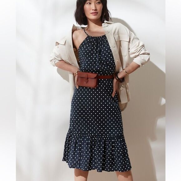 Banana Republic Navy White Polka Dot Midi Dress Tiered Halter Flowy Preppy Sz S - Picture 9 of 10